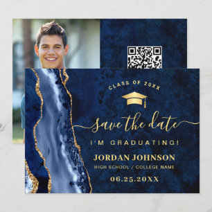 Save The Date Moderne Golden Navy Blue Marble Graduation QR code