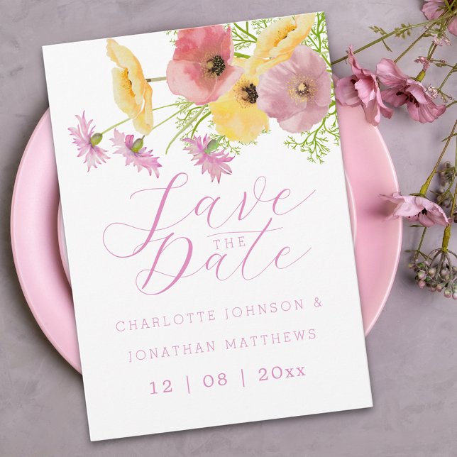 Save The Date Moderne Mariage Bohème Chic Fleur Rose (Elegant wildflower watercolor pink yellow floral wedding save the date invitation)