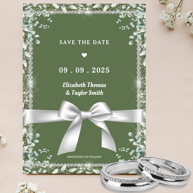 Save The Date Moderne Mariage Pailleté au Vert Sauge et Eucalypt (Créateur téléchargé)