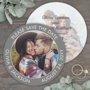 Save The Date Moderne Mariage Rond Unique Gris et Blanc 2 Photos