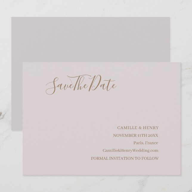 Save The Date Moderne Minimaliste Blush Gold Enregistrer le Mari (Devant / Derrière)
