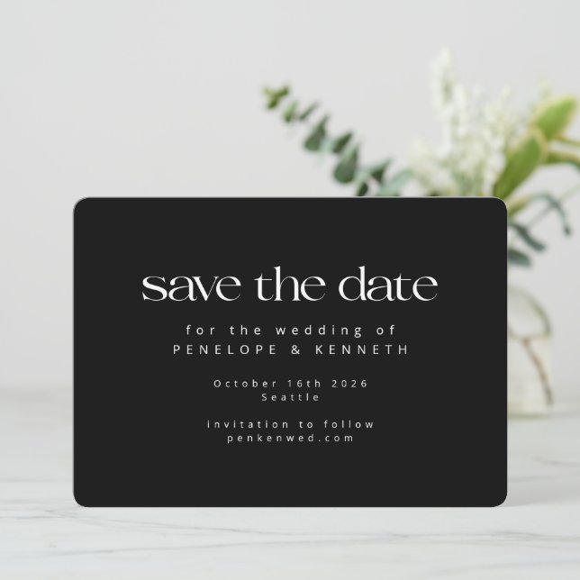 Save The Date Moderne minimaliste Noir Blanc Chic Simple Mariage (Debout devant)