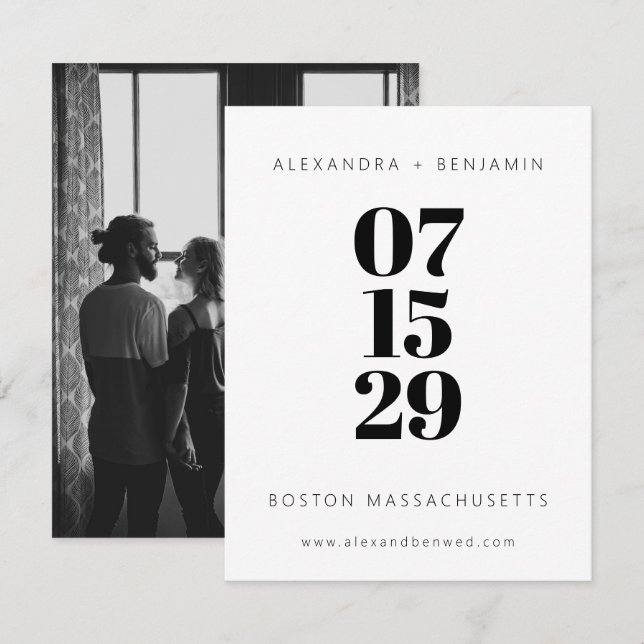 Save The Date Moderne minimaliste noir et blanc photo complète (Devant / Derrière)