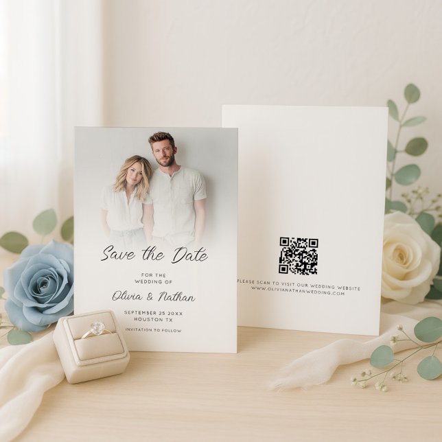 Save The Date Moderne minimaliste superposition photo QR Code Ma (Front and back view)