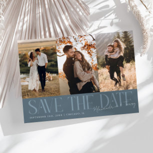 Save The Date Moderne Multi Photo Ardoise Bleue de la Signature