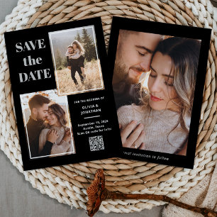 Save The Date Moderne Multi Photo noir et gris Code QR