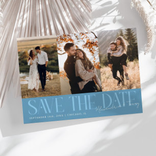 Save The Date Moderne Multi Photo Signature Couple Jean Bleu