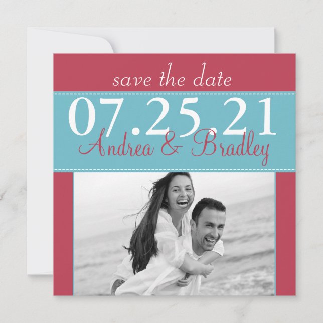 Save The Date Moderne Photo de mariage bleu aqua rouge Save the  (Devant)