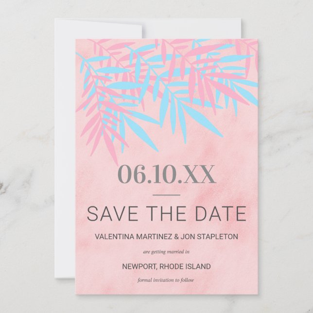 Save The Date Moderne rose et bleu palmier tendance (Devant)