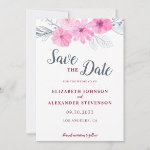 Save The Date Moderne rose gris aquarelle fleurs printemps maria