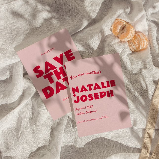 Save The Date Moderne rose rouge brillant Funky Gras Mariage rét (Créateur téléchargé)