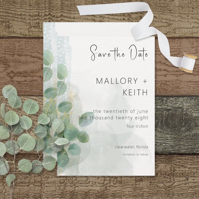 Save The Date Moderne Sage Green Eucalyptus & Gold Mariage (Créateur téléchargé)