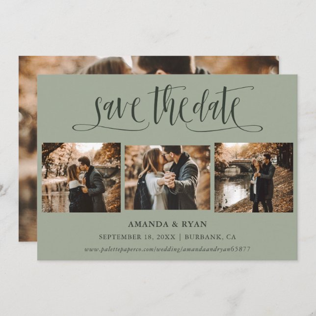 Save The Date Moderne Sage Vert Mariage 4 Photo Enregistrer La D (Devant / Derrière)