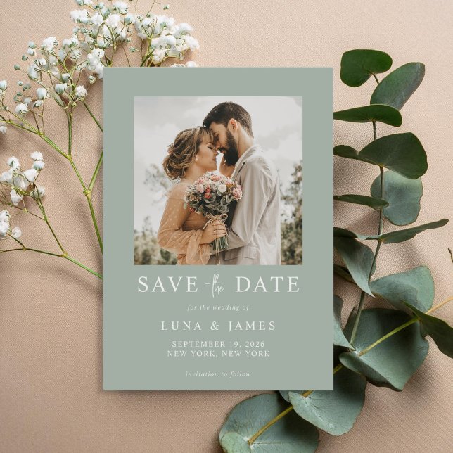 Save The Date Moderne Sage Vert Simple Photo Mariage (Créateur téléchargé)