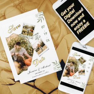 Save The Date Moderne Simple Ajouter Photos Sage Vert Élégant Or