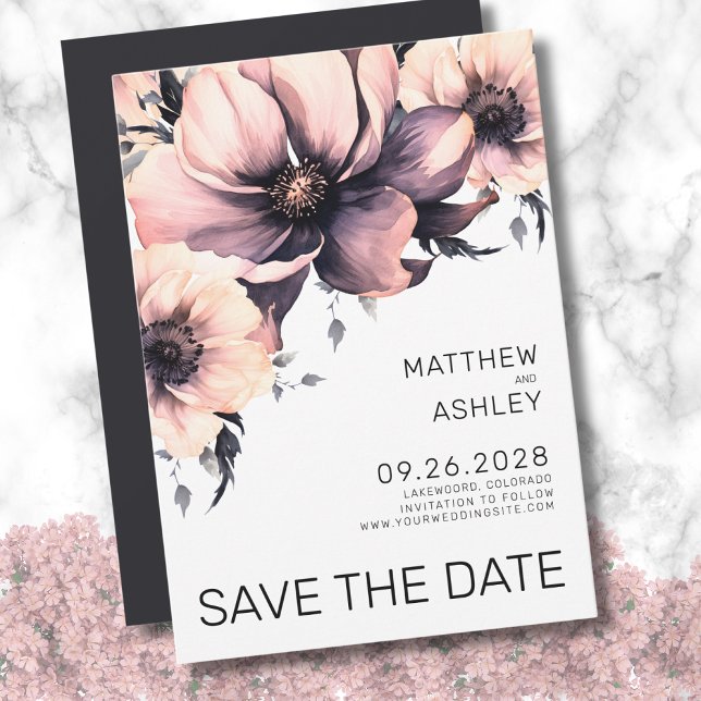 Save The Date Moderne simple élégant Mariage rose (Simple Elegant Floral Pink Black White Wedding Save the Date)