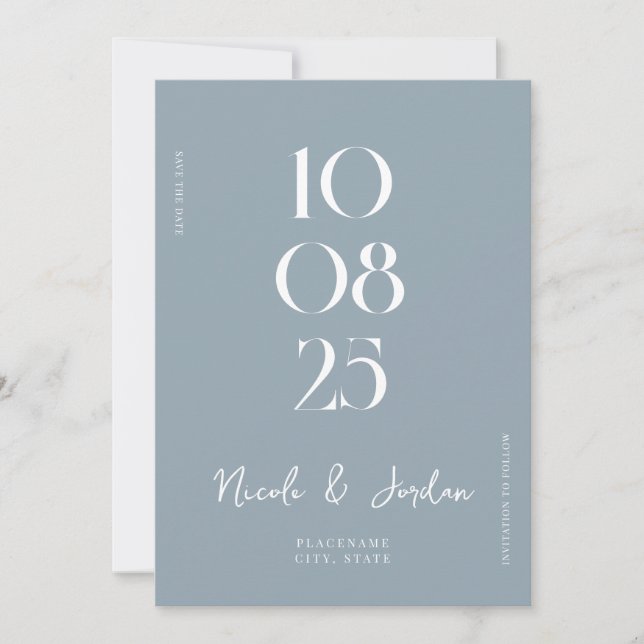 Save The Date Moderne, simple et chic, Mariage bleu Dusty (Devant)