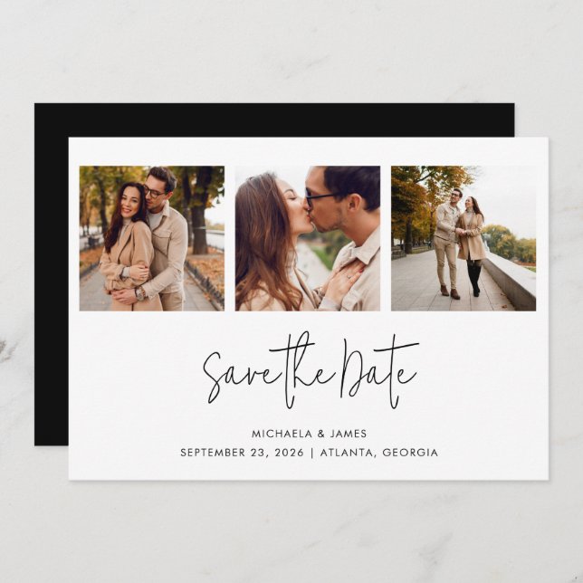 Save The Date Moderne Simple Noir Blanc Script 3 Mariage photo (Devant / Derrière)