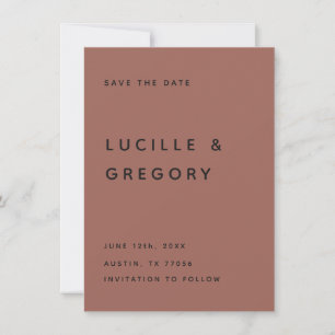 SAVE THE DATE MODERNE TERRACOTTA ÉDITORIAL TOUTES MAJUSCULES