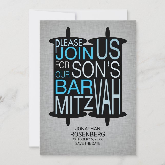 Save The Date Moderne Torah Bar Mitzvah Enregistrer la date gris (Devant)