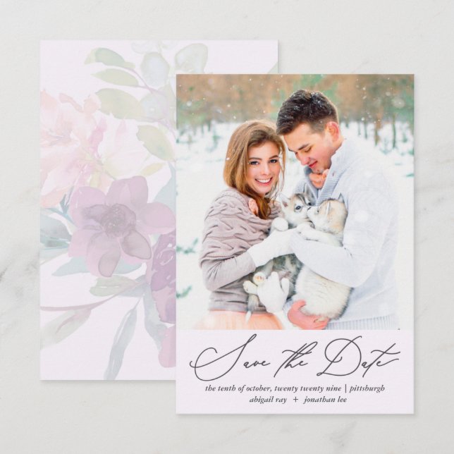 Save The Date Moelleux et Airy Floral Pastel Purple Photo Mariag (Devant / Derrière)