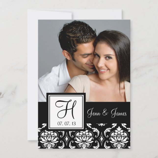 Save The Date Monogram Black Damask Photo Enregistrer la date (Devant)