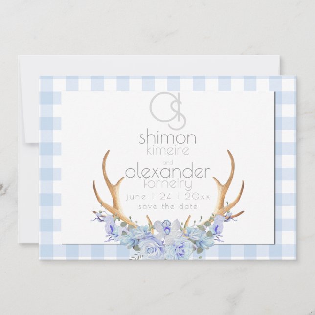 Save the Date | Monogram Blue Gingham Floral BOHO (Front)