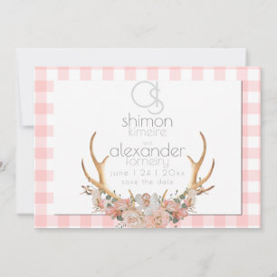Save the Date Monogram Coral Gingham Floral BOHO