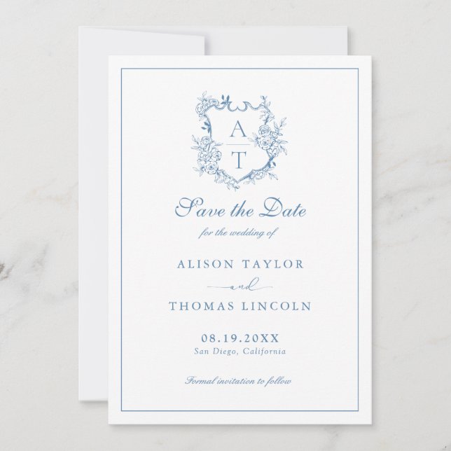 Save The Date Monogram Crest Vibrant Blue Card (Front)