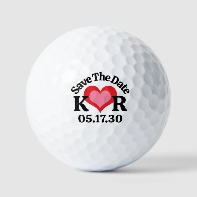SAVE THE DATE Monogram Initials & Red Pink Heart Golf Balls (Front)
