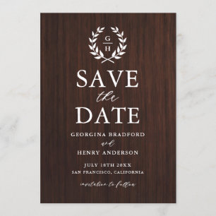 Save The Date Monogram Laurel Wreath Bois rustique Enregistrer l