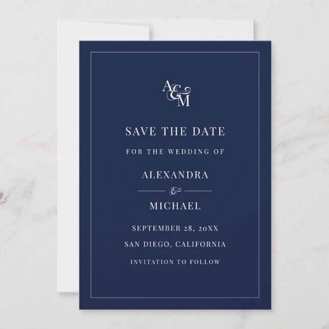 Save The Date Monogram Marine Bleu Blanc Élégant Mariage moderne (Devant)