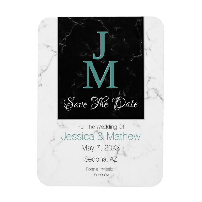 Save The Date, Monogram White & Black Marble, DIY Magnet (Vertical)