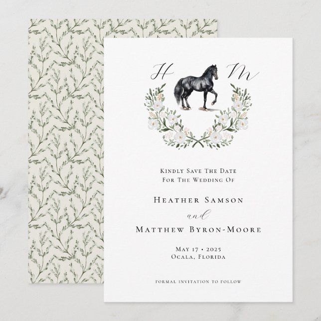 Save The Date Monogramme Aquarelle Equestre Mariage élégant (Devant / Derrière)