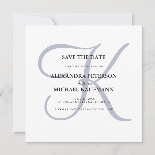 Save The Date Monogramme bleu Dusty classique (Devant)