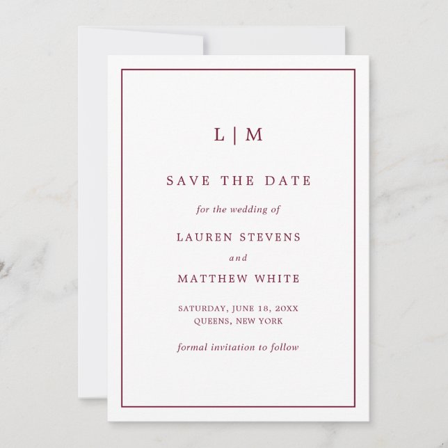 Save The Date Monogramme bordeaux simple Mariage élégant (Devant)