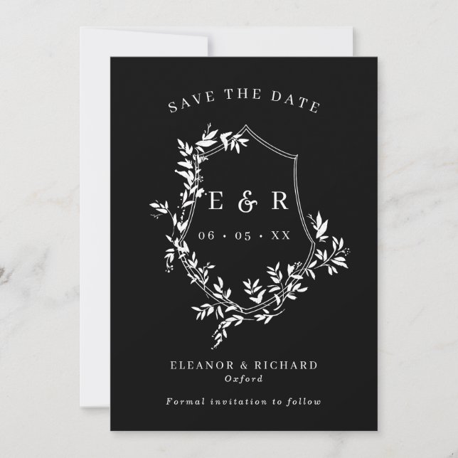 Save The Date Monogramme classique Crest blanc sur Mariage noir (Devant)