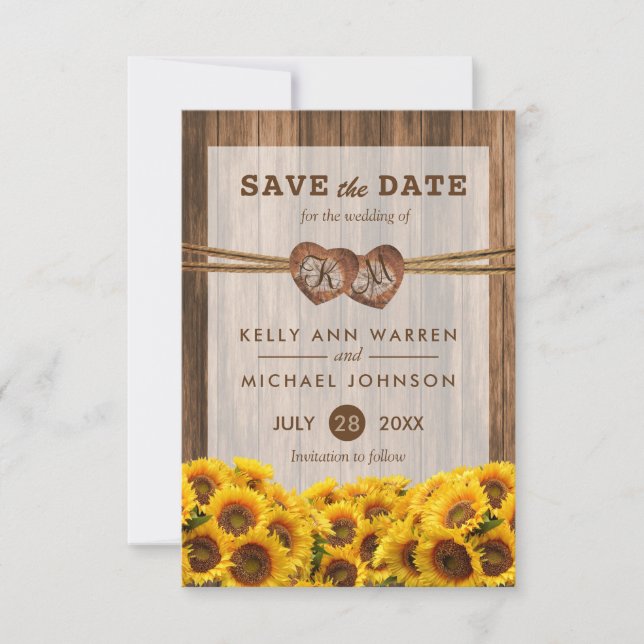 Save The Date Monogramme Coeurs en bois avec tournesol (Devant)