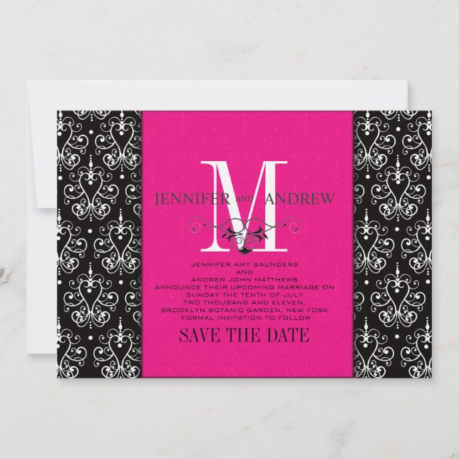 Save The Date Monogramme damassé rose vif pour sauvegarde de dat (Devant)