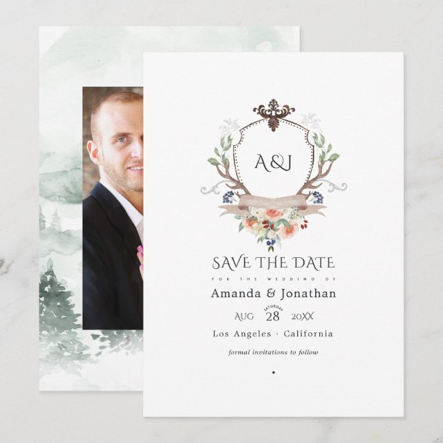 Save The Date Monogramme de bois Laurel Crest Mariage Photo (Devant / Derrière)