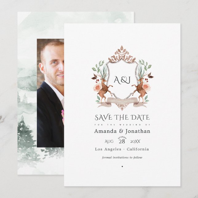 Save The Date Monogramme de bois Laurel Crest Mariage Photo (Devant / Derrière)