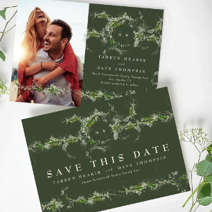 Save The Date Monogramme de couronne d'eucalyptus vert Photo Mar