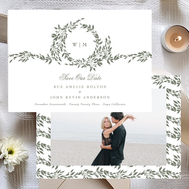Save The Date Monogramme de couronne Sage vert Élégant mariage p (Créateur téléchargé)