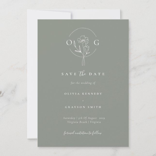 Save The Date Monogramme de Mariage minimaliste moderne Sage ver (Devant)