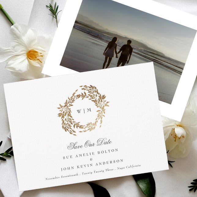 Save The Date Monogramme d'or classique Mariage de crête botaniq (Créateur téléchargé)