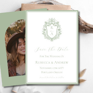 Save The Date Monogramme et photo de crête Vert Sauge