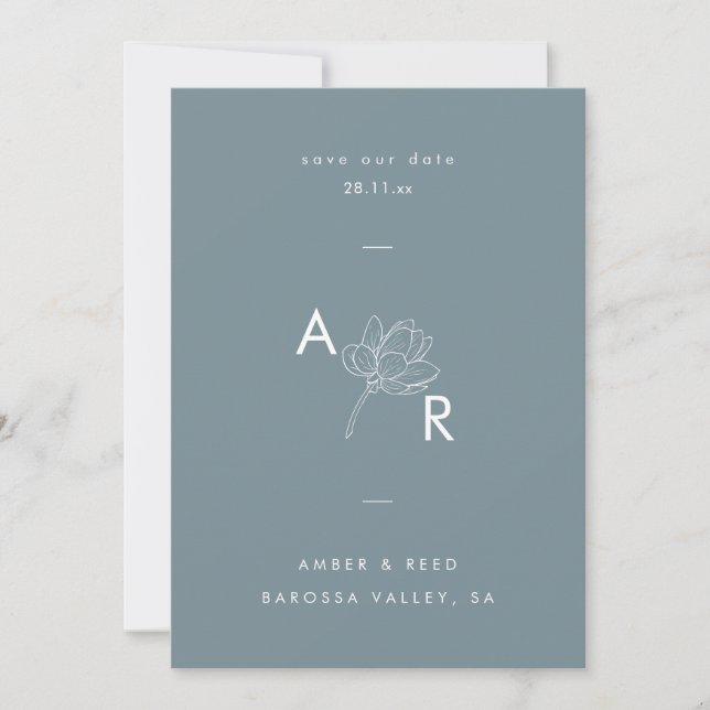 Save The Date Monogramme floral moderne Élégant Bleu roux simple (Devant)