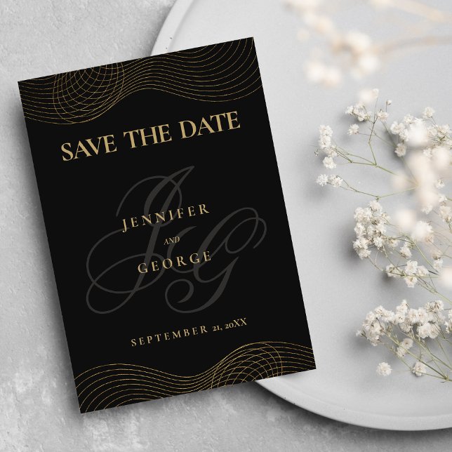 Save The Date Monogramme géométrique en or noir Enregistrer la d (Geometric black gold monogram Save The Date)