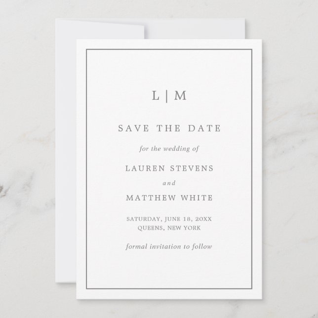 Save The Date Monogramme gris foncé simple Mariage élégant (Devant)