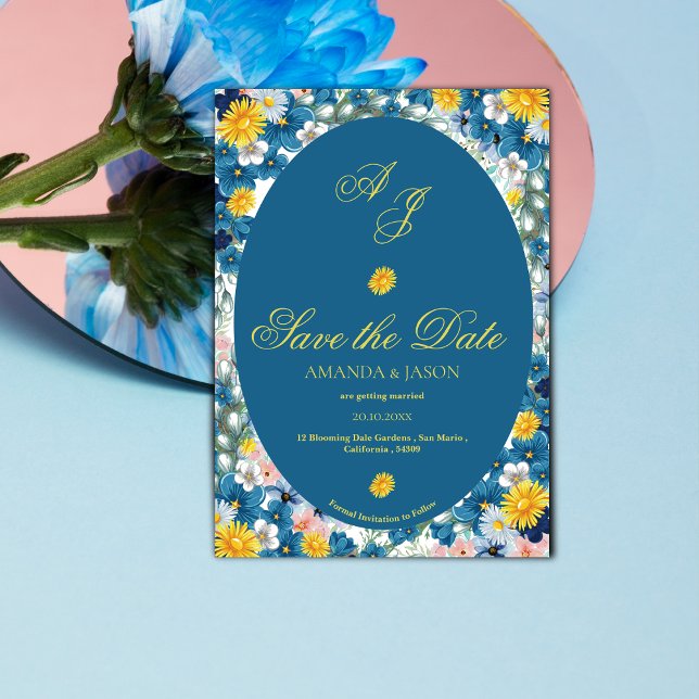 Save The Date Monogramme jaune Floral Mariage Enregistrer la dat (Yellow Blue Floral Monogram Wedding Save the Date Invitation)